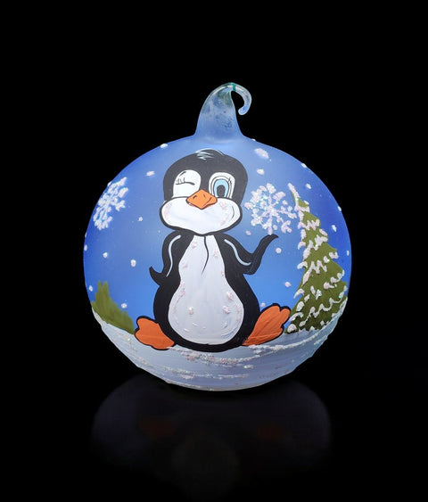 Light Blue Blown Glass Ornament - Handcrafted -  Charming Penguin  Design