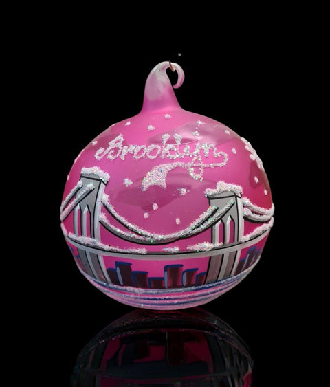 Pink Blown Glass Ornament - Handcrafted -  Brooklyn Bridge Design