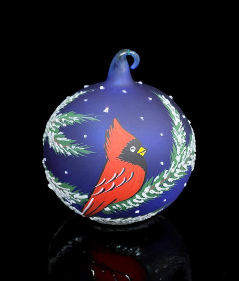 Blue Blown Glass Ornament - Handcrafted -  Charming Red Cardinal Design