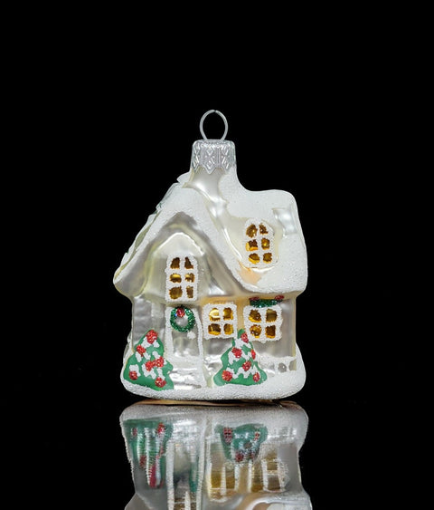 Hand Decorated Glass Keepsake Ornament - Charming Silver House Design