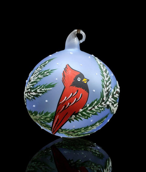 Light Blue Blown Glass Ornament - Handcrafted - Red Cardinal Design