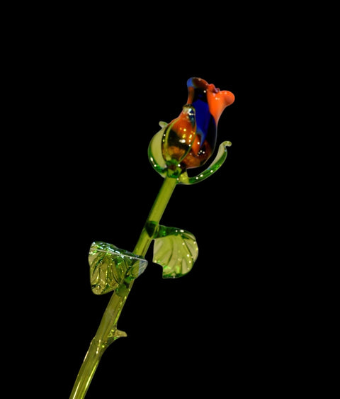 Blue & Orange Glass Rose - Handcrafted Long Stem Flower