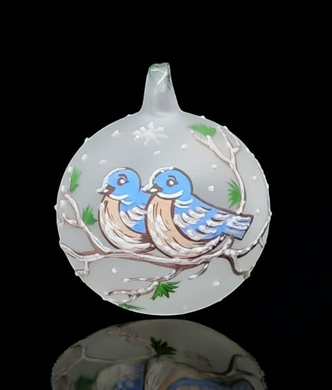 Frosted Blown Glass Ornament - Handcrafted -  Birds On Branch Design