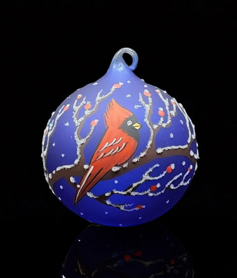 Blue Blown Glass Ornament - Handcrafted - Red Cardinal Design