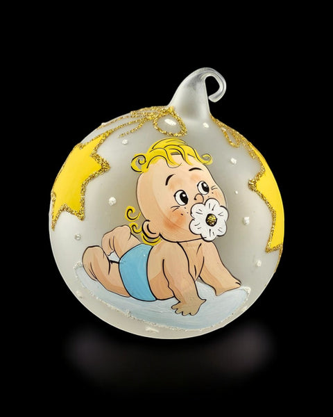 Frosted Blown Glass Ornament, Handcrafted Baby's First Christmas, Keepsake Ornament Handmade In Ukraine, Customization Available, Blue