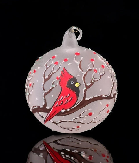 Frosted Blown Glass Ornament - Handcrafted - Red Cardinal Design