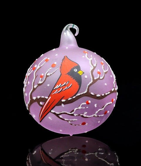 Lavender Blown Glass Ornament - Handcrafted - Red Cardinal Design