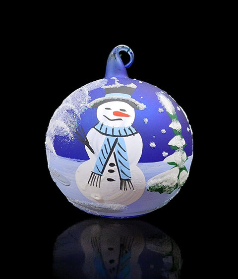 Blue Blown Glass Ornament - Handcrafted -  Snowman Design