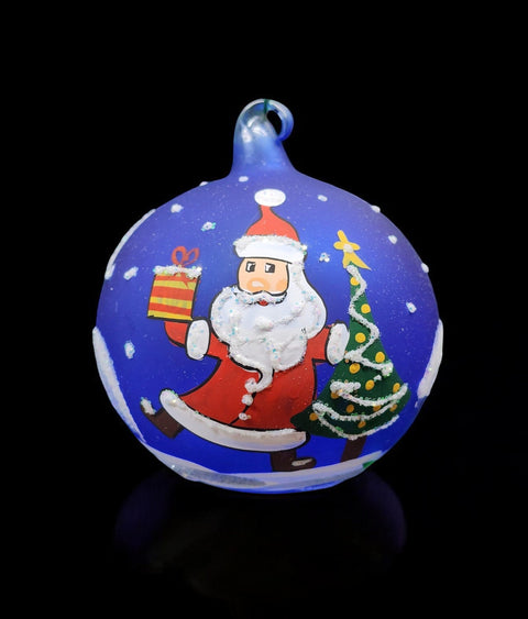 Blue Blown Glass Ornament - Handcrafted -  Charming Santa Claus Design