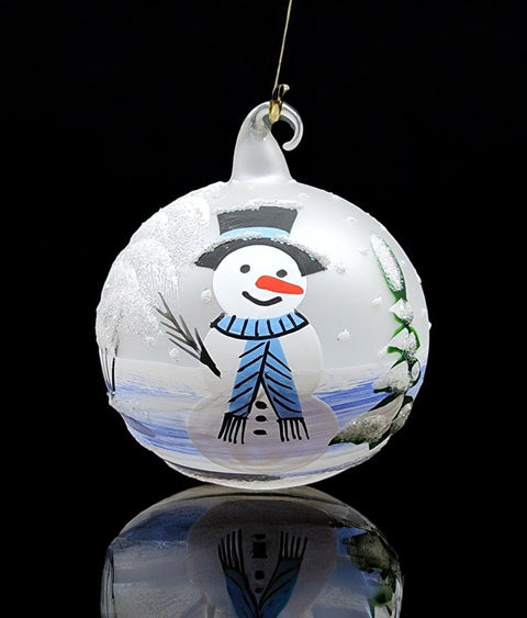 Frosted Blown Glass Ornament - Handcrafted -  Snowman Design