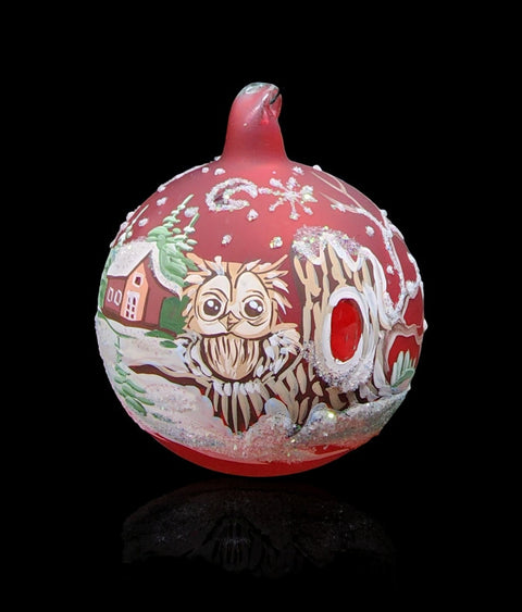 Red Blown Glass Ornament - Handcrafted -  Fun Owl Design