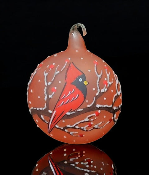 Orange Blown Glass Ornament - Handcrafted - Red Cardinal Design