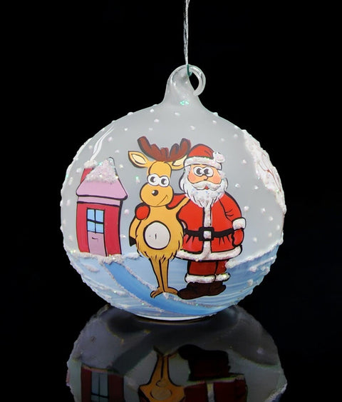 Frosted Blown Glass Ornament - Handcrafted - Santa N Reindeer Design