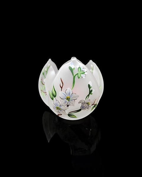 Frosted Glass Lotus Blossom Candle Holder, Hand Crafted in Ukraine, Dogwood Flower Design, Wonderful Year Round