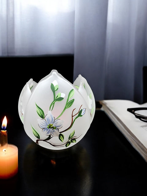 Frosted Glass Lotus Blossom Candle Holder  - Dogwood Flower