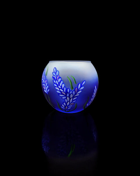 Medium Blue Glass Candle Holder, Hand Crafted in Ukraine, Lavender Flower Design, Wonderful Year Round