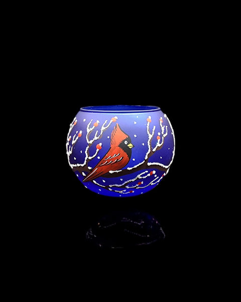 Blue Glass Multiple Sizes Candle Holder  -  Red Cardinal- Multiple Sizes