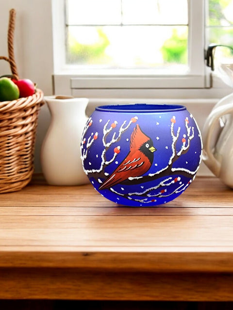 Blue Glass Multiple Sizes Candle Holder - Red Cardinal- Multiple Sizes