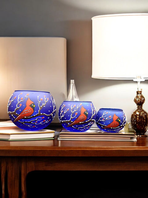 Blue Glass Multiple Sizes Candle Holder - Red Cardinal- Multiple Sizes