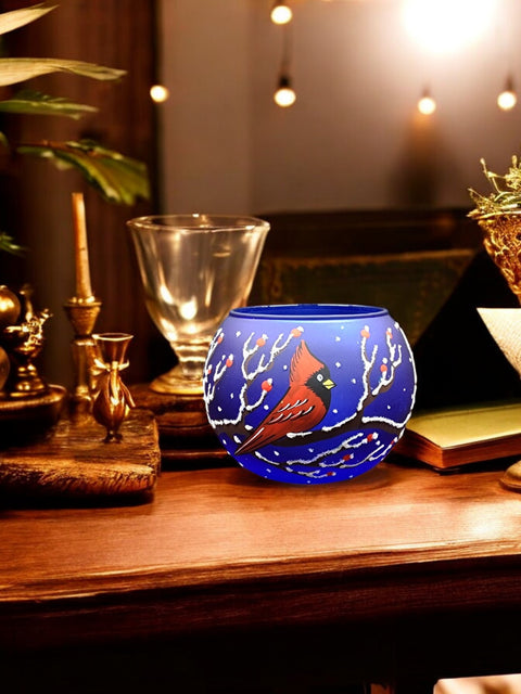 Blue Glass Multiple Sizes Candle Holder  -  Red Cardinal- Multiple Sizes