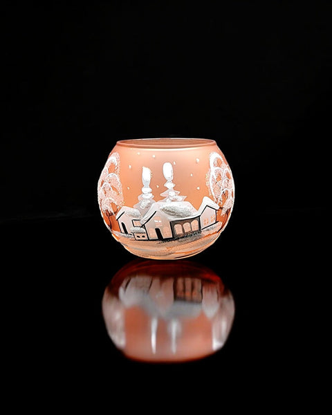 Large Orange Glass Candle Holder, Hand Crafted in Ukraine, White Cabin Winter Wonderland, Wonderful Year Round