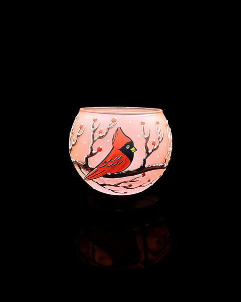 Salmon Pink Glass Candle Holder  -  Red Cardinal - Multiple Sizes