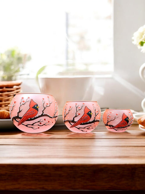 Salmon Pink Glass Candle Holder - Red Cardinal - Multiple Sizes
