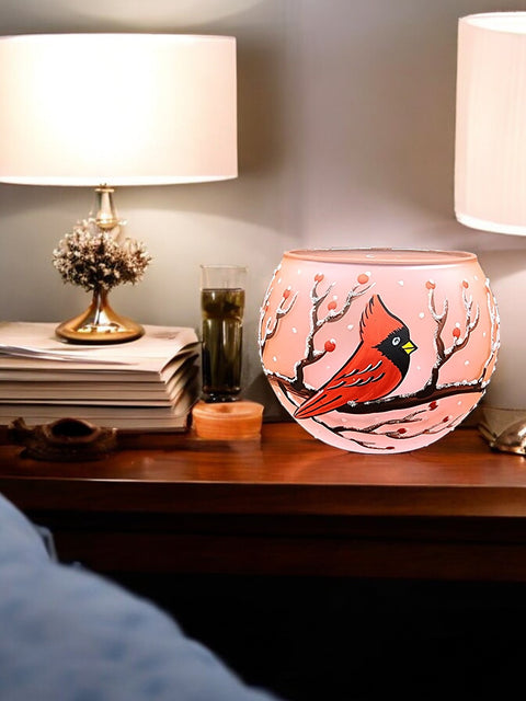 Salmon Pink Glass Candle Holder - Red Cardinal - Multiple Sizes