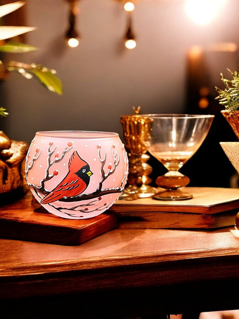 Salmon Pink Glass Candle Holder  -  Red Cardinal - Multiple Sizes