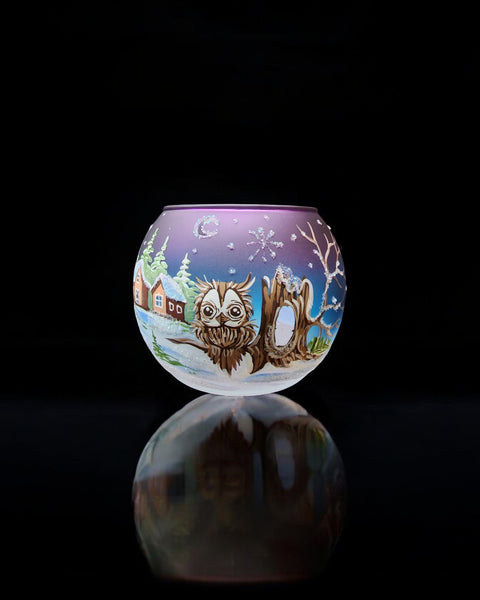 Large Light Blue and Purple Glass Candle Holder, Hand Crafted in Ukraine, Fun Owl, Wonderful Year Round