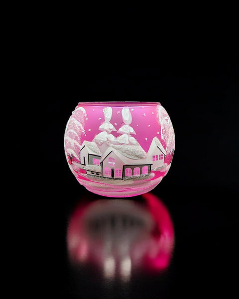 Medium Pink Glass Candle Holder, Hand Crafted in Ukraine, White Cabin Winter Wonderland, Wonderful Year Round
