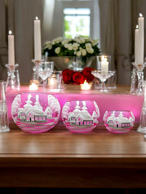 Pink Glass Candle Holder - White Cabins- Multiple Sizes