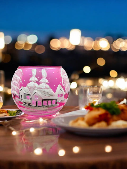 Pink Glass Candle Holder - White Cabins- Multiple Sizes