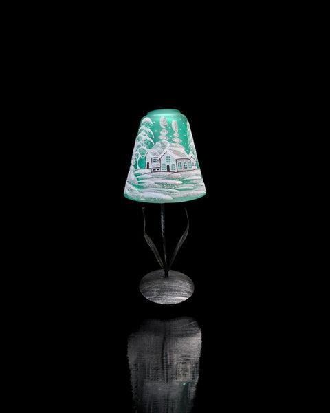 Green Glass Lamp Candle Holder, Hand Crafted in Ukraine, White Cabin Winter Wonderland, Wonderful Year Round