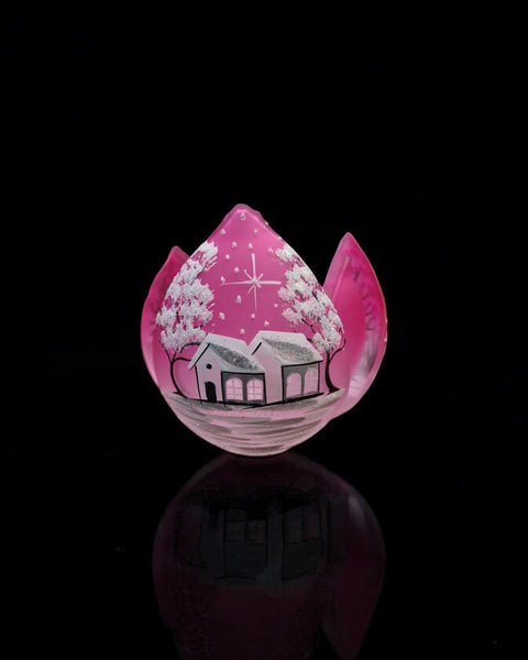 Pink Glass Lotus Blossom Candle Holder, Hand Crafted in Ukraine, White Cabin Winter Wonderland, Wonderful Year Round