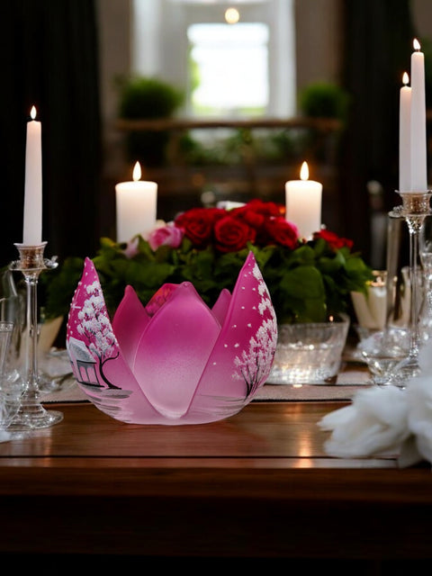 Pink Glass Lotus Blossom Candle Holder, Hand Crafted in Ukraine, White Cabin Winter Wonderland, Wonderful Year Round