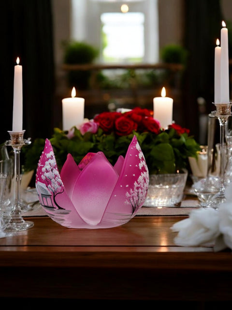 Pink Glass Lotus Blossom Candle Holder  - White Cabins