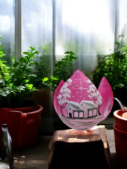 Pink Glass Lotus Blossom Candle Holder, Hand Crafted in Ukraine, White Cabin Winter Wonderland, Wonderful Year Round