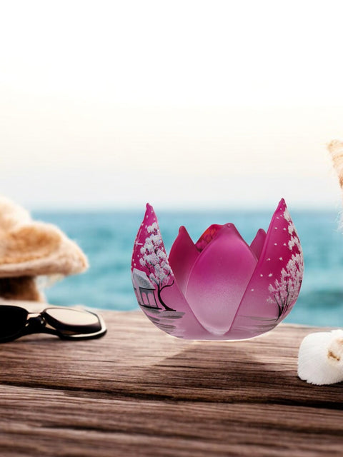 Pink Glass Lotus Blossom Candle Holder, Hand Crafted in Ukraine, White Cabin Winter Wonderland, Wonderful Year Round