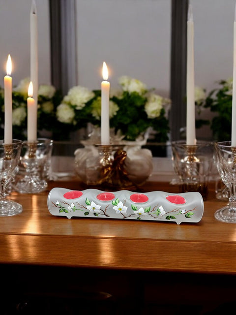 Frosted Glass Quad Candle Holder - Dogwood Flower Yule Log Style