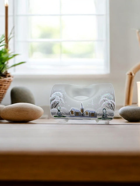 Frosted Glass Single Candle Holder, Hand Crafted in Ukraine, White Church Winter Wonderland, Wonderful Year Round