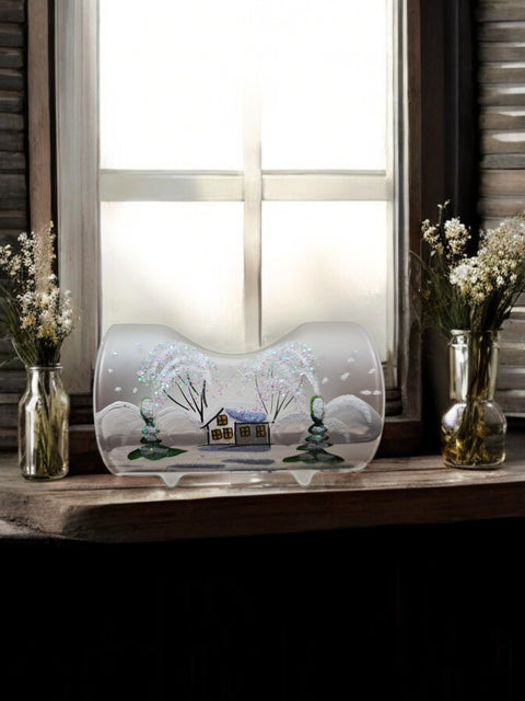 Frosted Glass Single Candle Holder - White Church Yule Log Style