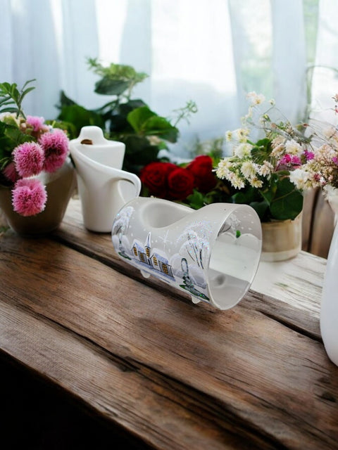 Frosted Glass Single Candle Holder - White Church Yule Log Style