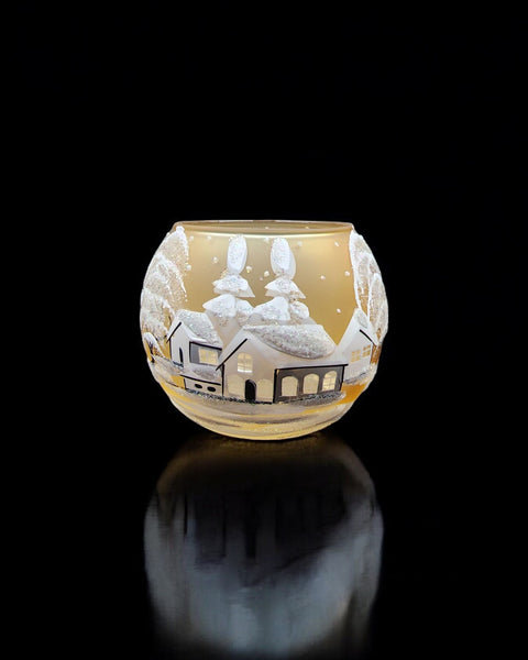 Medium Yellow Glass Candle Holder, Hand Crafted in Ukraine, White Cabin Winter Wonderland, Wonderful Year Round