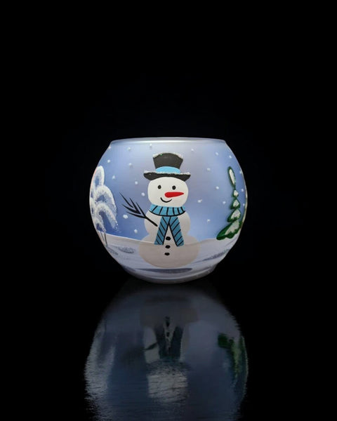 Frosted And Light Blue Glass Candle Holder - Snowman In Winter