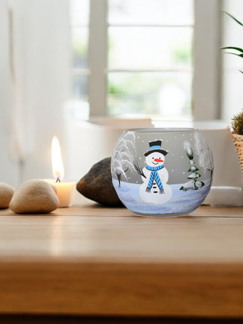 Frosted And Light Blue Glass Candle Holder - Snowman In Winter