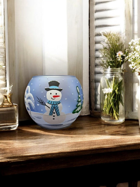 Frosted And Light Blue Glass Candle Holder  - Snowman In Winter