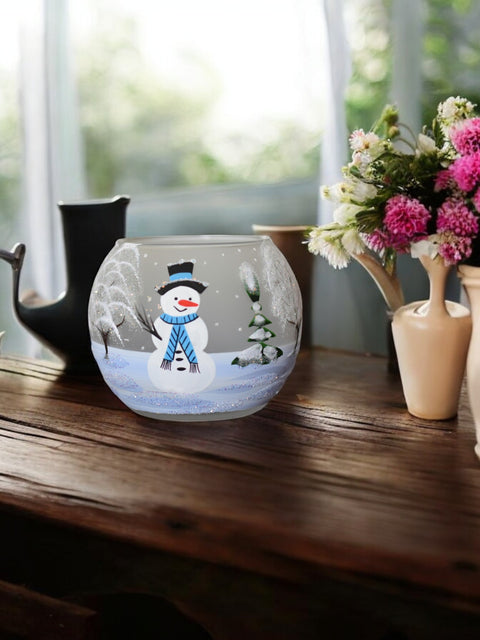 Frosted And Light Blue Glass Candle Holder - Snowman In Winter