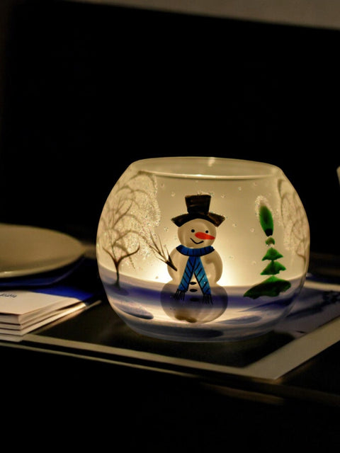Frosted And Light Blue Glass Candle Holder - Snowman In Winter