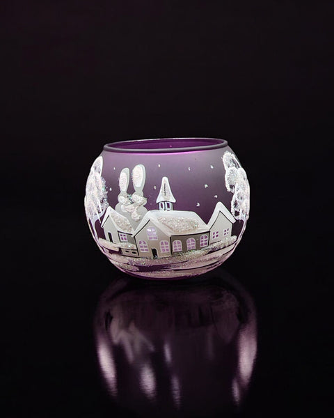 Large Purple Glass Candle Holder, Hand Crafted in Ukraine, White Church Winter Wonderland, Wonderful Year Round